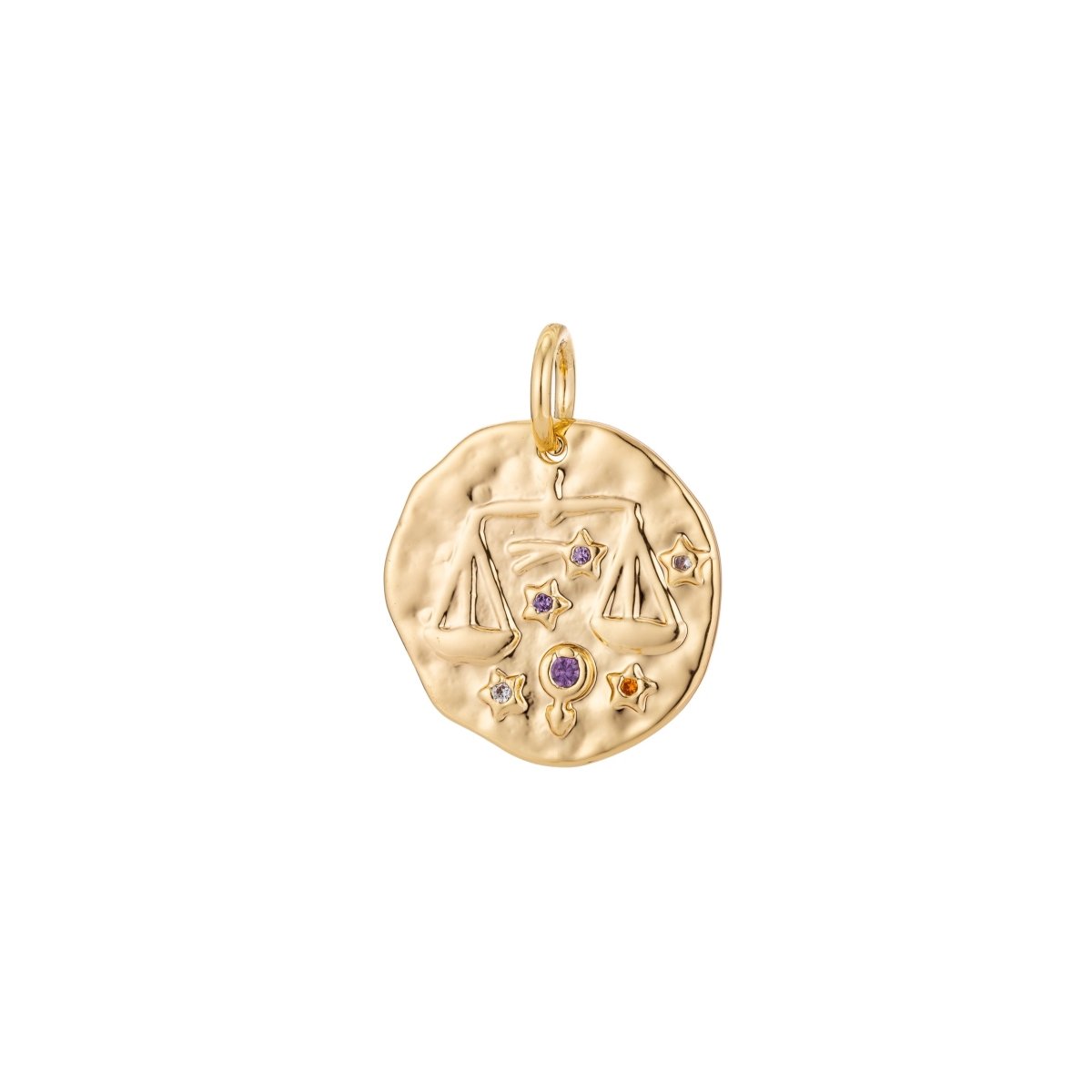 Dainty 18k Gold Filled Charm Coin Medallion Gem Stone Zodiac Sign Charm for Bracelet Necklace Pendant Rustic Hammered Jewelry Making Supply A-A1713-A-A1718 | A-A1779-A-A1784