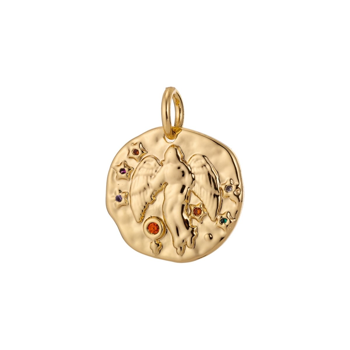 Dainty 18k Gold Filled Charm Coin Medallion Gem Stone Zodiac Sign Charm for Bracelet Necklace Pendant Rustic Hammered Jewelry Making Supply A-A1713-A-A1718 | A-A1779-A-A1784