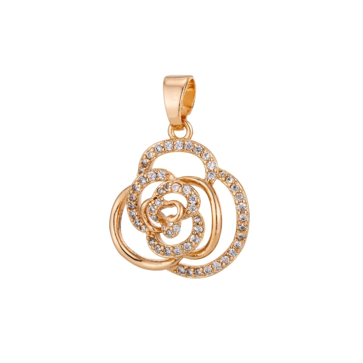 Dainty 18K Gold Filled or Rose Gold Rose Flower Charm Pendant w/ Bails Floral Cubic Zirconia Necklace for Jewelry Making H-801