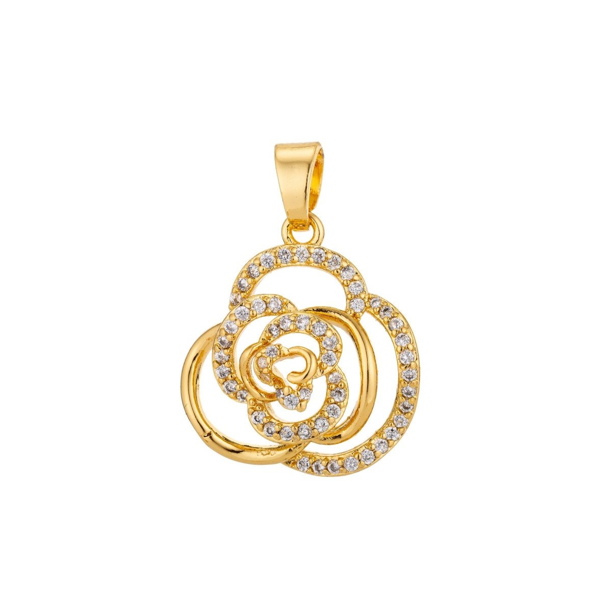Dainty 18K Gold Filled or Rose Gold Rose Flower Charm Pendant w/ Bails Floral Cubic Zirconia Necklace for Jewelry Making H-801