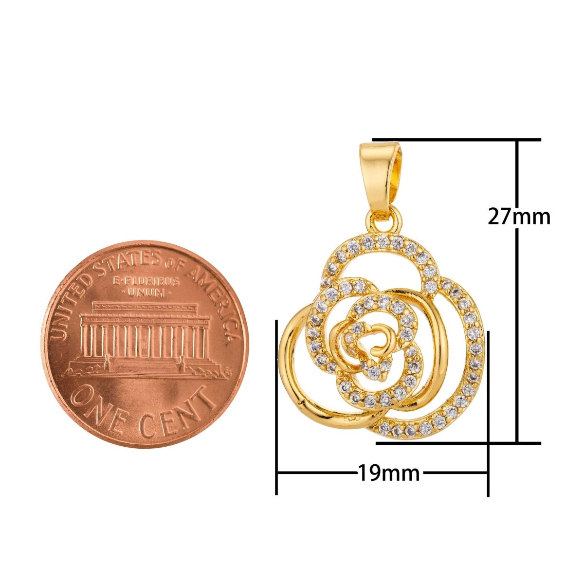 Dainty 18K Gold Filled or Rose Gold Rose Flower Charm Pendant w/ Bails Floral Cubic Zirconia Necklace for Jewelry Making H-801