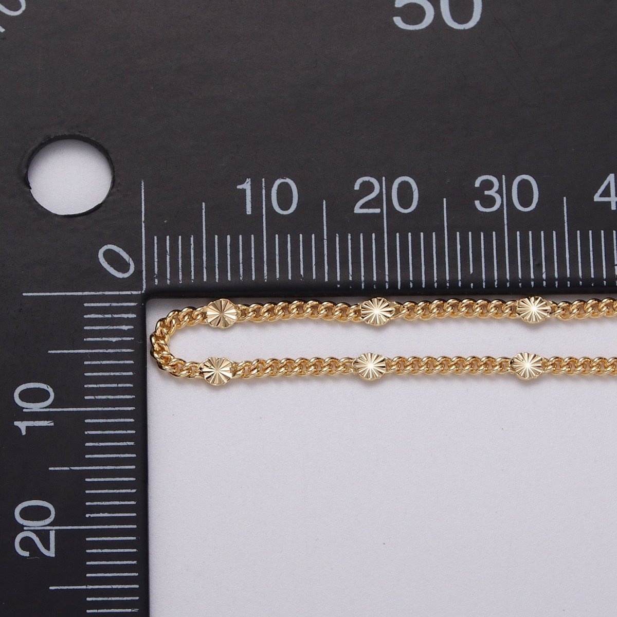 OS Dainty 24k Gold Filled 1.5mm Curb Sunburst Link Unique Unfinished Chain by Yard in Gold & Silver | ROLL-1030, ROLL-1093