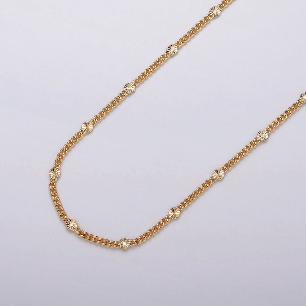 OS Dainty 24k Gold Filled 1.5mm Curb Sunburst Link Unique Unfinished Chain by Yard in Gold & Silver | ROLL-1030, ROLL-1093