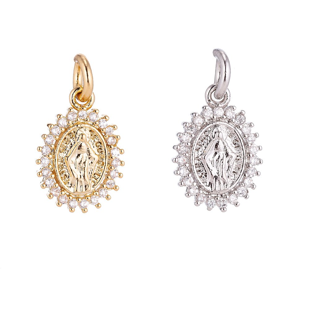 Dainty 24K Gold Filled Delicate Virgin Mother Mary Cubic Zirconia Bracelet Necklace Pendant Earring Charm Gift for Woman Jewelry Making, Gold Silver Miraculous Lady M-585 -M-592