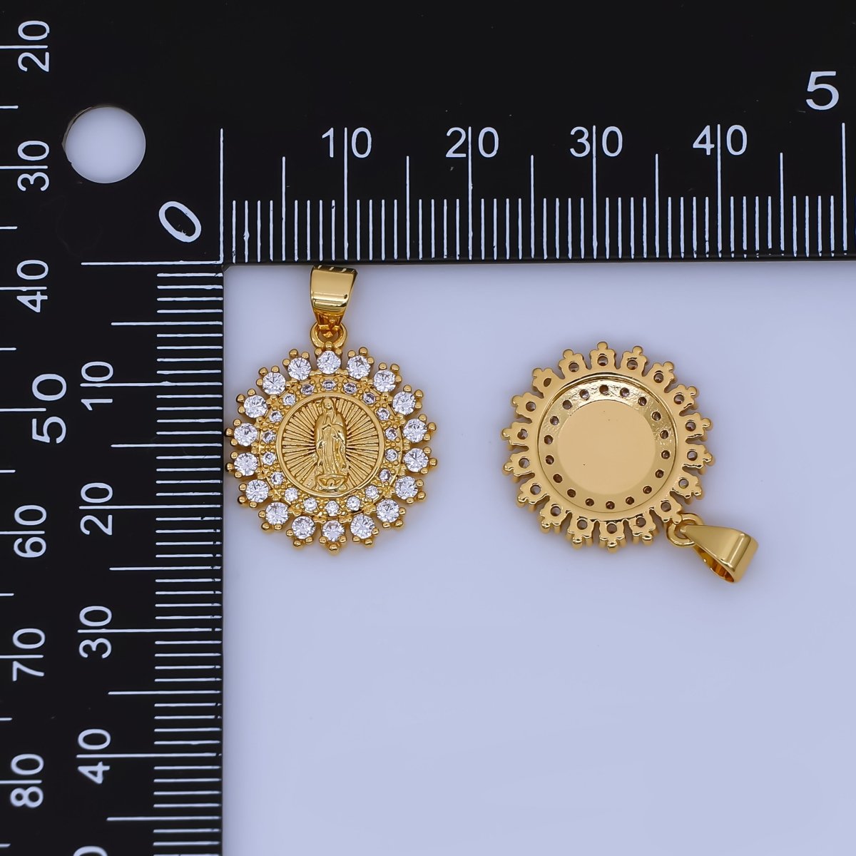 Dainty 24K Gold Filled Lady Guadalupe Charm Virgin Mary Religious Figure CZ Round Pendant | AH503 - DLUXCA