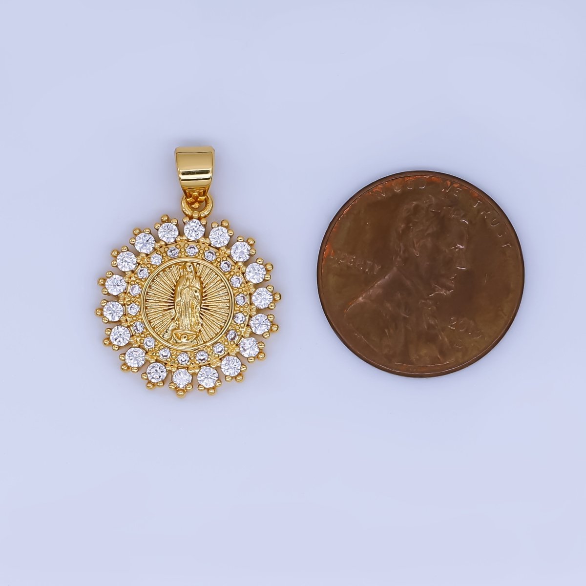 Dainty 24K Gold Filled Lady Guadalupe Charm Virgin Mary Religious Figure CZ Round Pendant | AH503 - DLUXCA