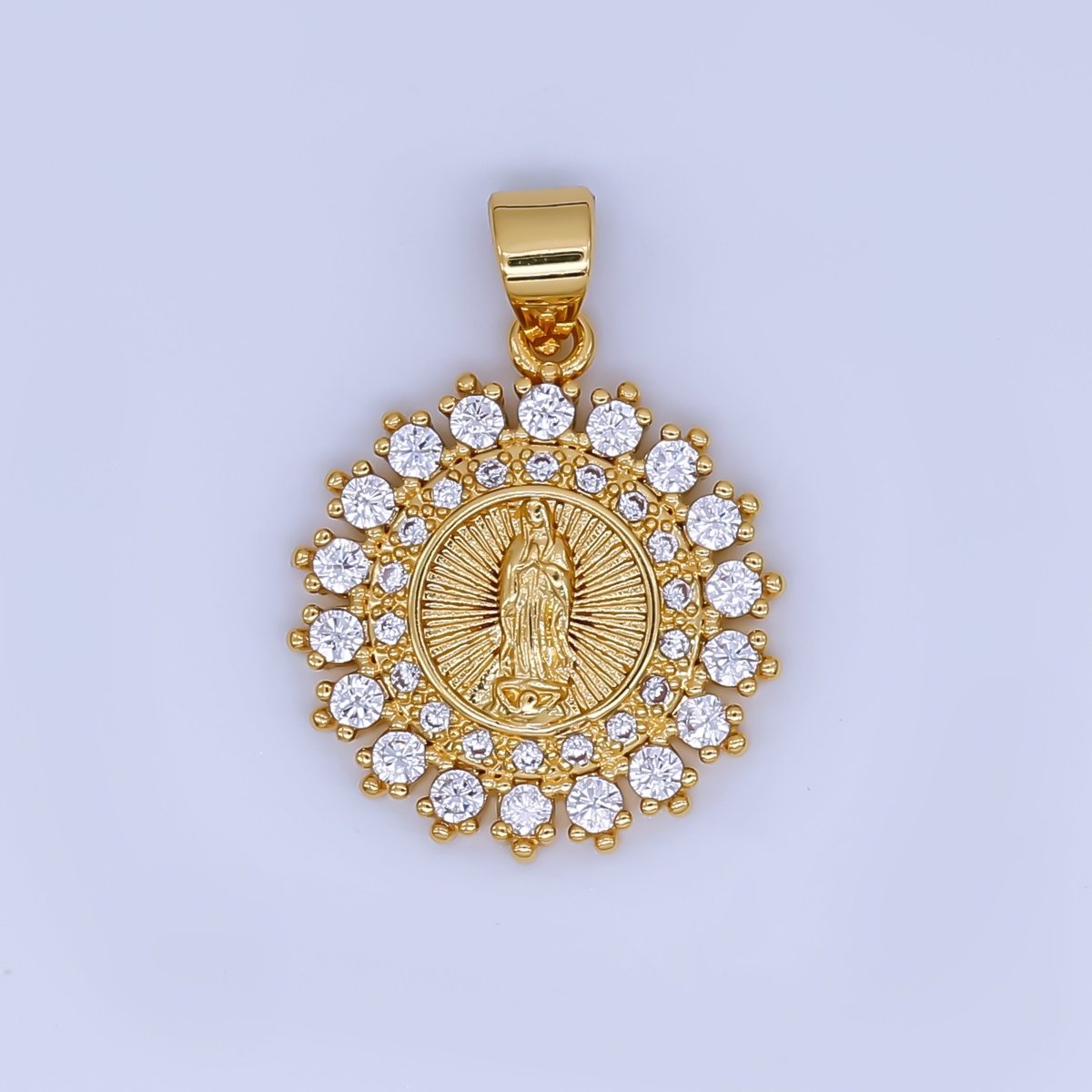 Dainty 24K Gold Filled Lady Guadalupe Charm Virgin Mary Religious Figure CZ Round Pendant | AH503 - DLUXCA