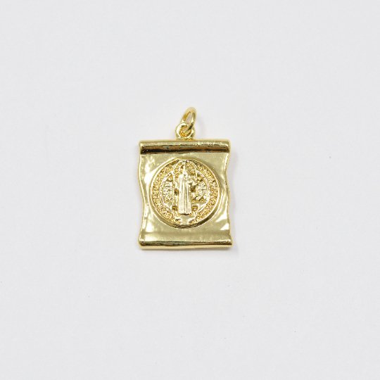 Dainty 24k Gold Filled Scroll Charm Saint Benedict Charm Medallion for Bracelet Necklace Pendant Religious Jewelry Making Supply E-119 - DLUXCA
