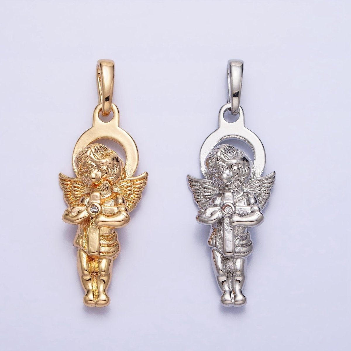 Dainty 3D 16K Gold Filled Guardian Angel Pendant Micro Pave Silver Religious Charm AA303 AA304