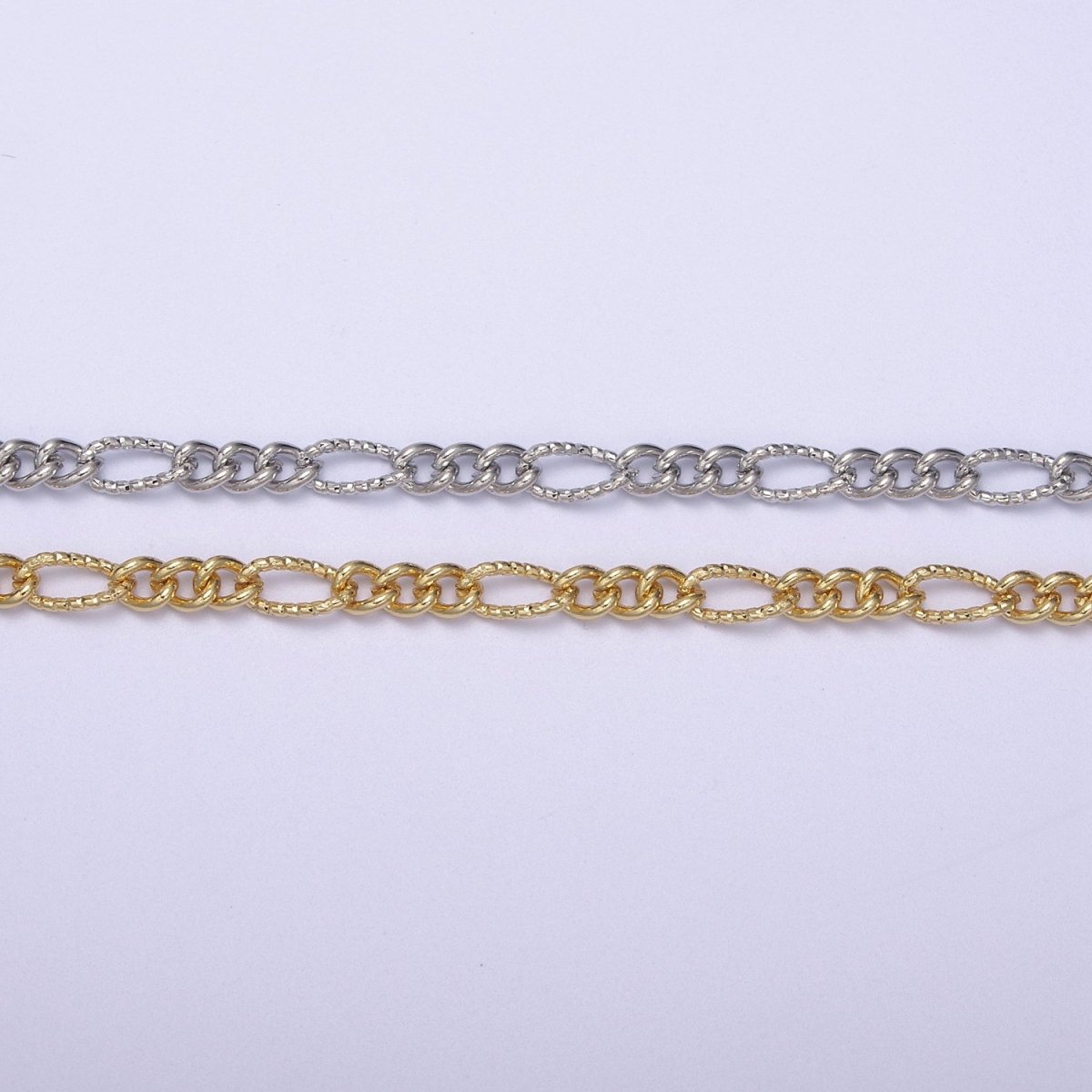 Dainty 4mm Unique Figaro Chain in Silver & Gold color, 24K Gold Filled Textured Figaro Chain Sold by Yard For Jewelry Making Supply Component | ROLL-629, ROLL-630 Clearance Pricing