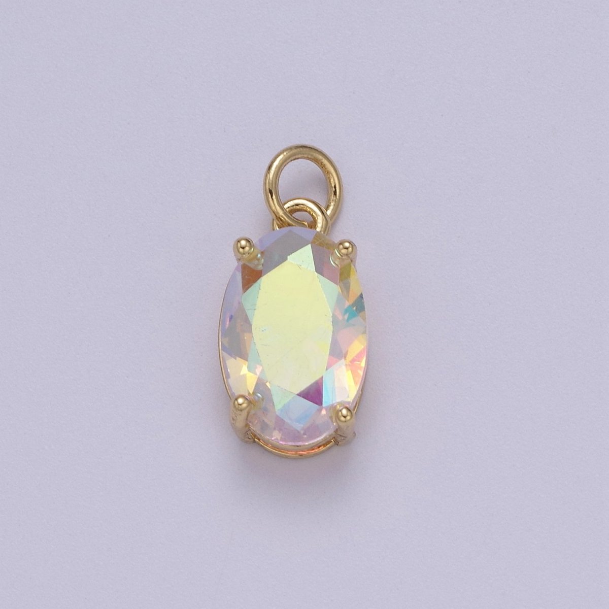 Dainty AB, Yellow, Blue, Teal, Green, Pink, Red CZ 24k Gold Filled Solitaire Micro Pave Pendant Oval Charm Stone Pendant for Birthstone Add on Charm C-798 C-802 C-842 C-843 C-845 C-847~C-852 C-854