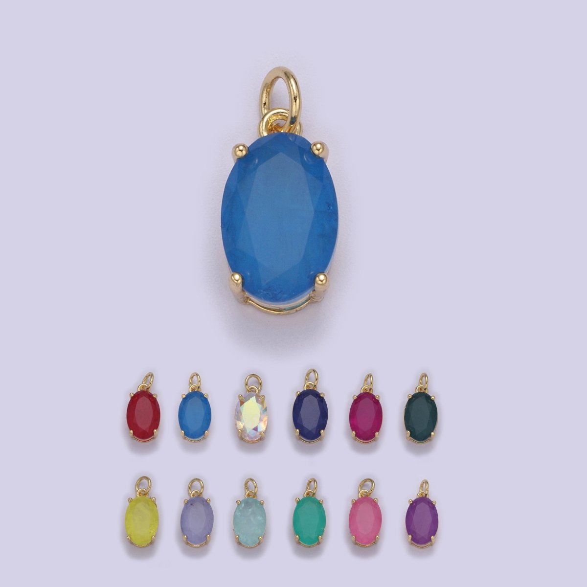 Dainty AB, Yellow, Blue, Teal, Green, Pink, Red CZ 24k Gold Filled Solitaire Micro Pave Pendant Oval Charm Stone Pendant for Birthstone Add on Charm C-798 C-802 C-842 C-843 C-845 C-847~C-852 C-854