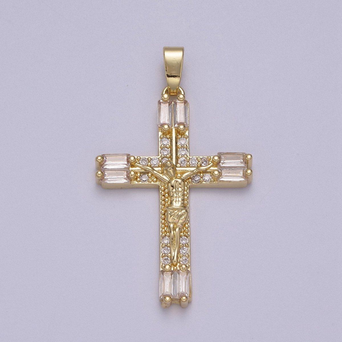 Dainty Baguette Cz Crystal Cross Charm Crucifix Jesus Pendant N-595 - DLUXCA