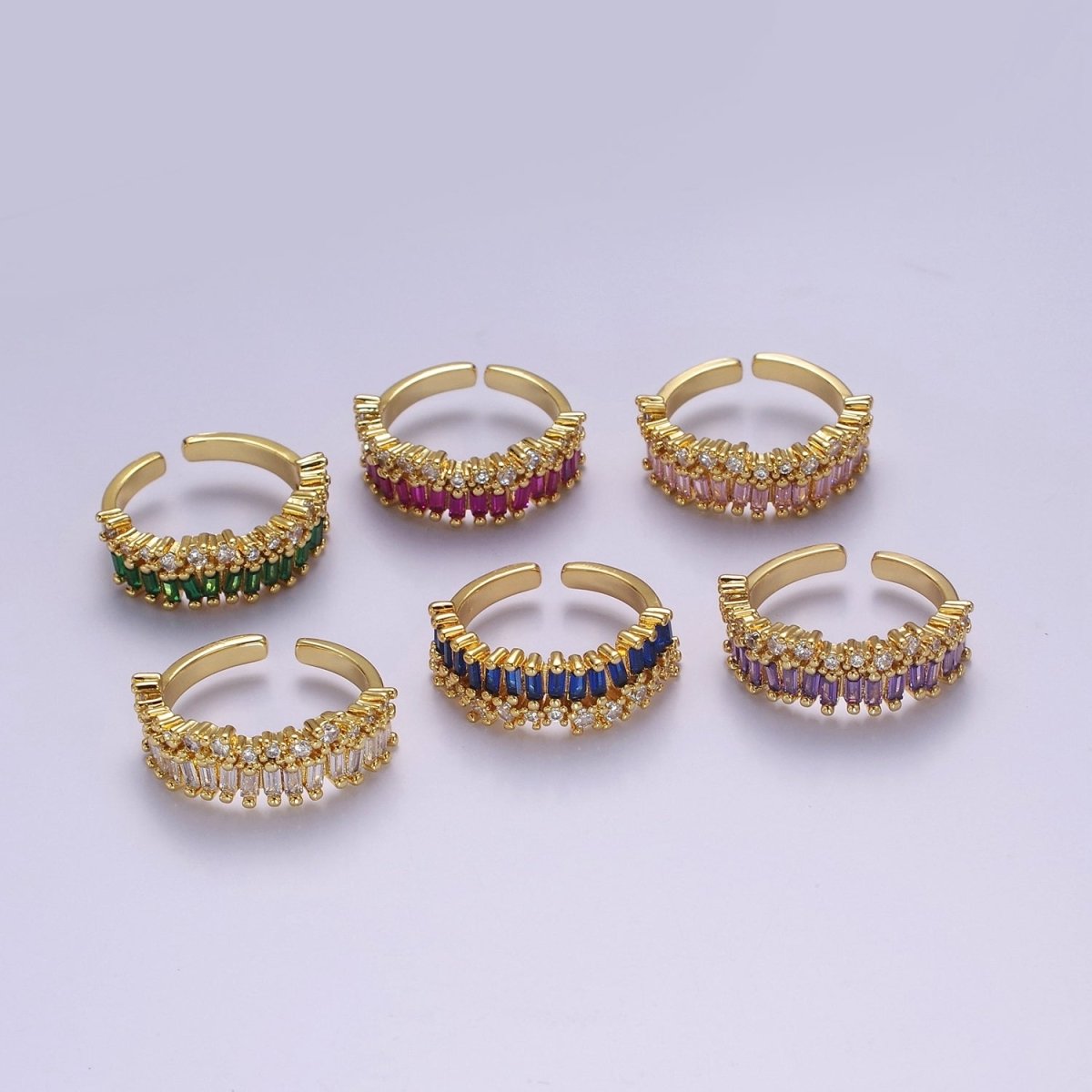 Dainty Baguette ring- Gold Filled CZ Ring Classic clear, Purple, Blue, Green, Pink Cubic Zirconia Adjustable Ring O-2089 ~ O-2094