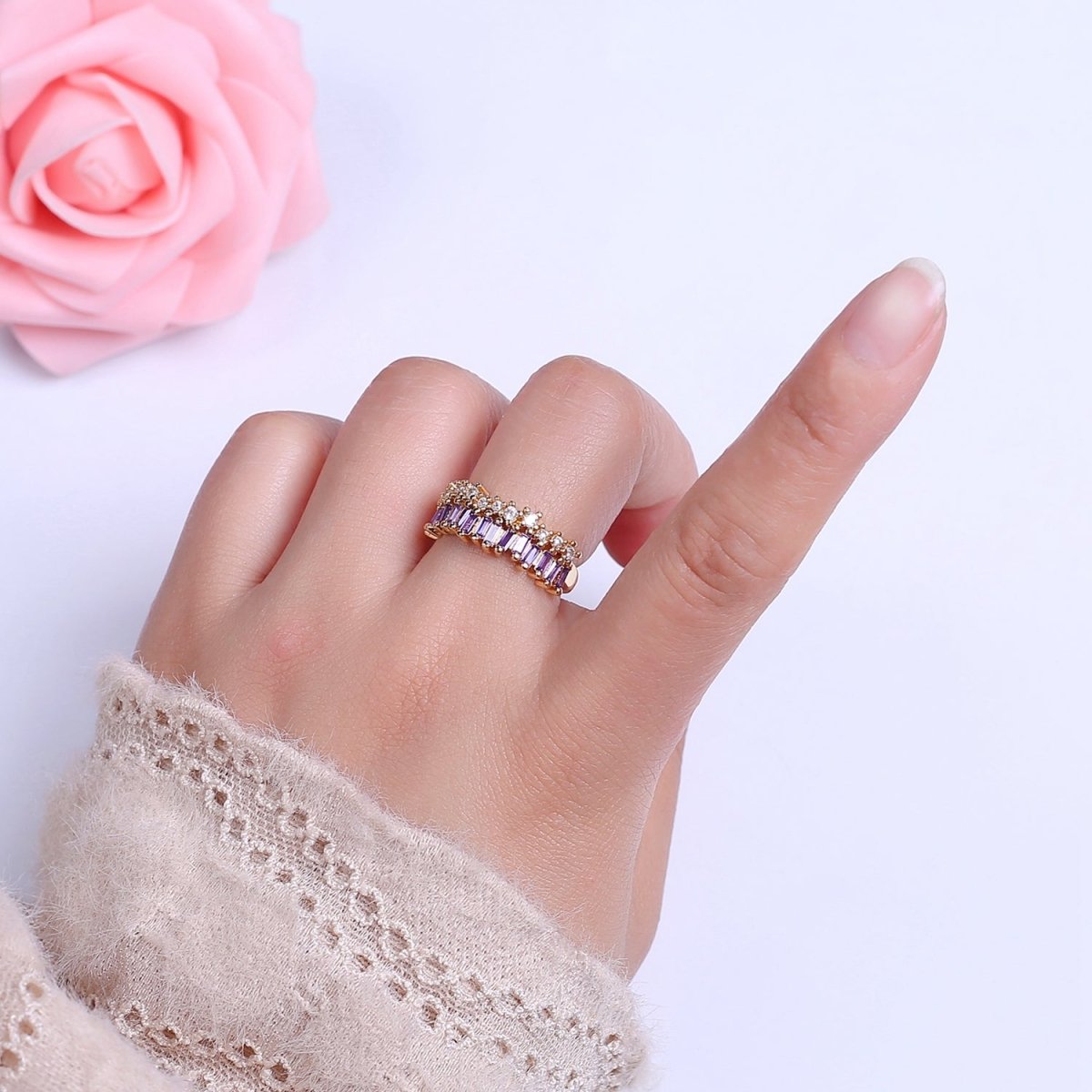 Dainty Baguette ring- Gold Filled CZ Ring Classic clear, Purple, Blue, Green, Pink Cubic Zirconia Adjustable Ring O-2089 ~ O-2094