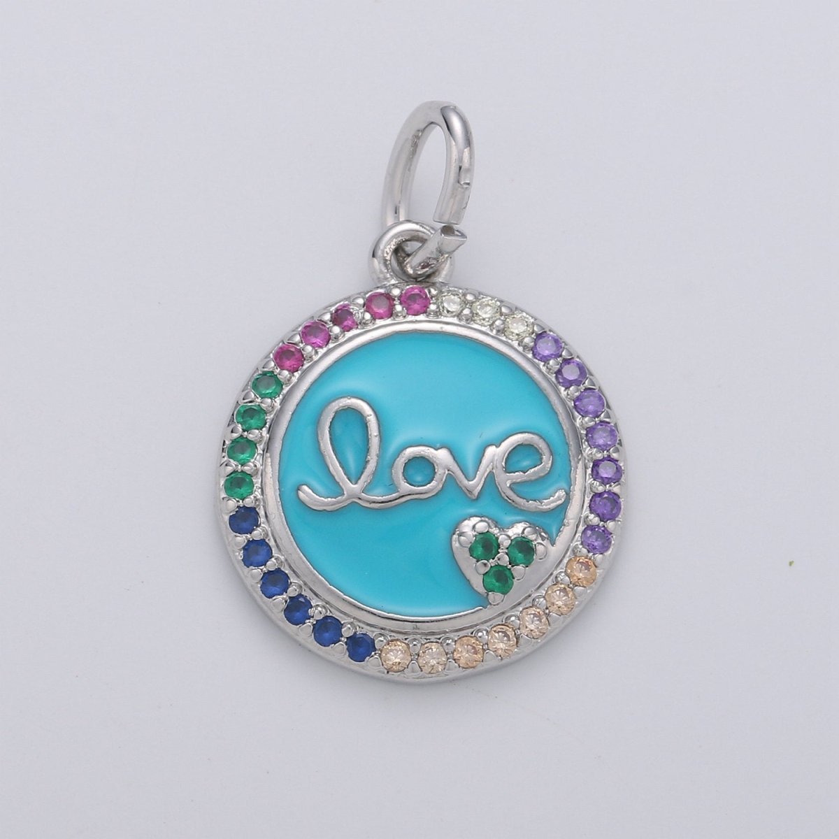 Dainty Blue Love Pendant Enamel Round Disc Charm, Gold Micro Pave Love Charm Jewelry for Necklace Bracelet Earring Component D-180