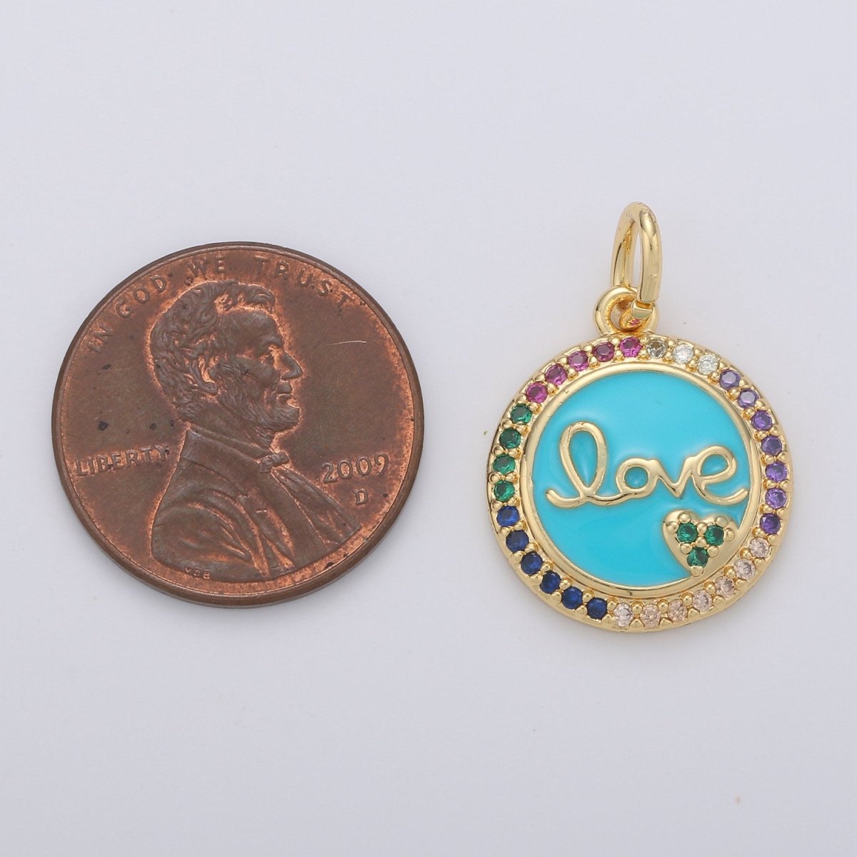 Dainty Blue Love Pendant Enamel Round Disc Charm, Gold Micro Pave Love Charm Jewelry for Necklace Bracelet Earring Component D-180