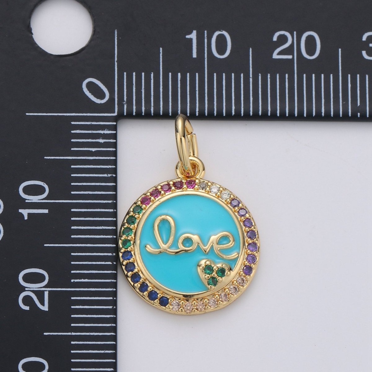 Dainty Blue Love Pendant Enamel Round Disc Charm, Gold Micro Pave Love Charm Jewelry for Necklace Bracelet Earring Component D-180