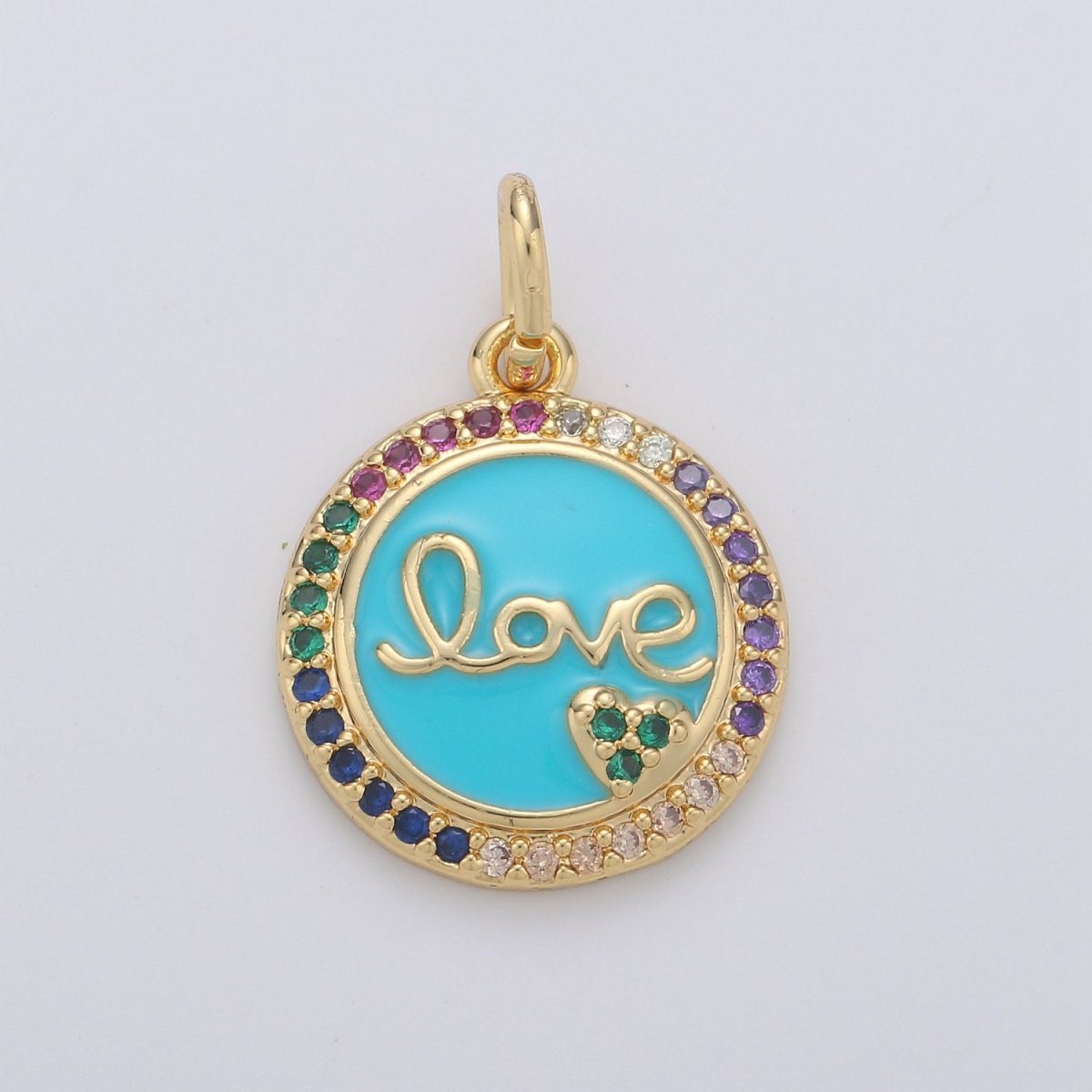 Dainty Blue Love Pendant Enamel Round Disc Charm, Gold Micro Pave Love Charm Jewelry for Necklace Bracelet Earring Component D-180
