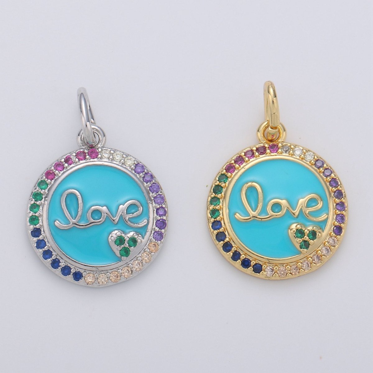 Dainty Blue Love Pendant Enamel Round Disc Charm, Gold Micro Pave Love Charm Jewelry for Necklace Bracelet Earring Component D-180