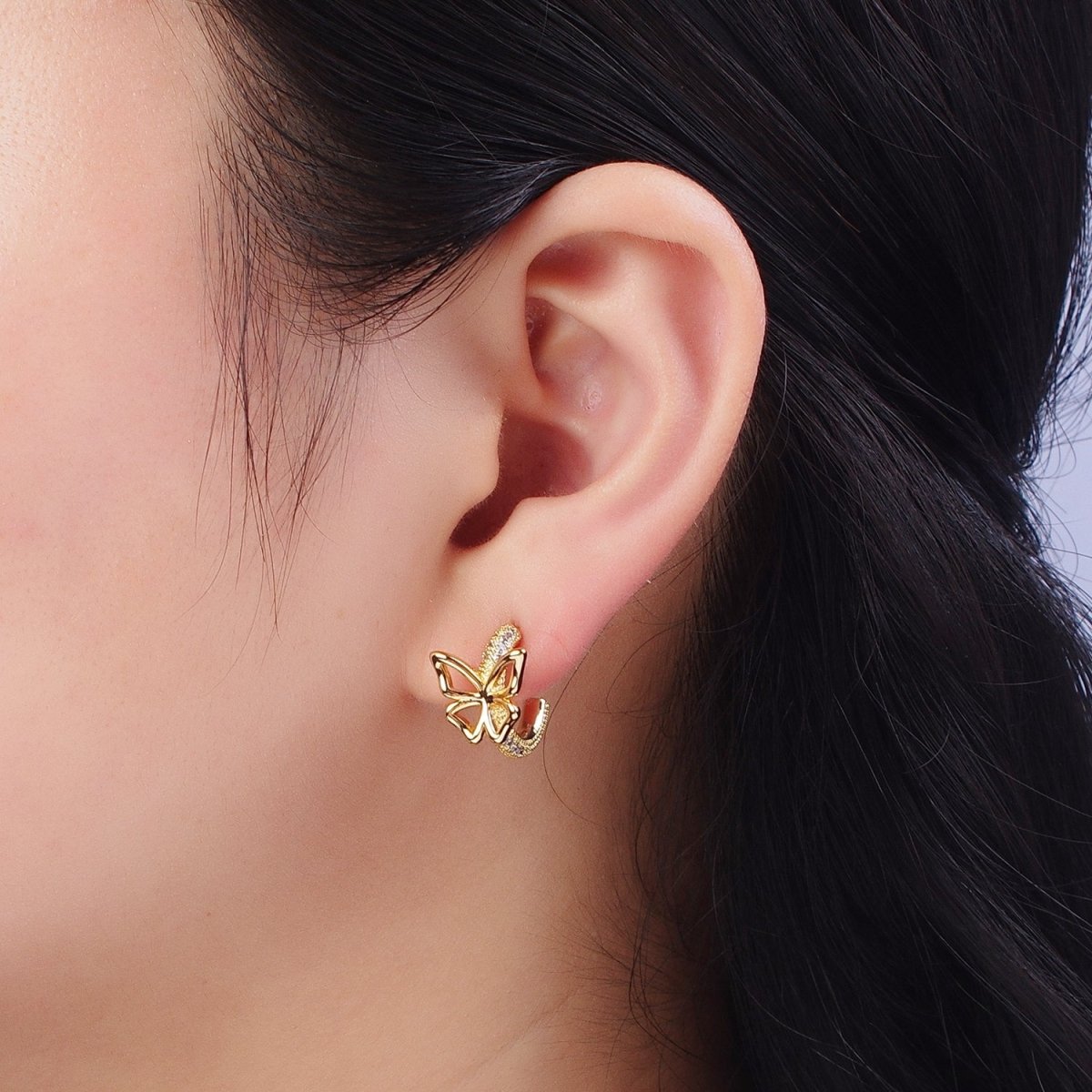 Dainty Butterfly Hoop Earrings Gold Butterfly Stud Earring P-243 - DLUXCA