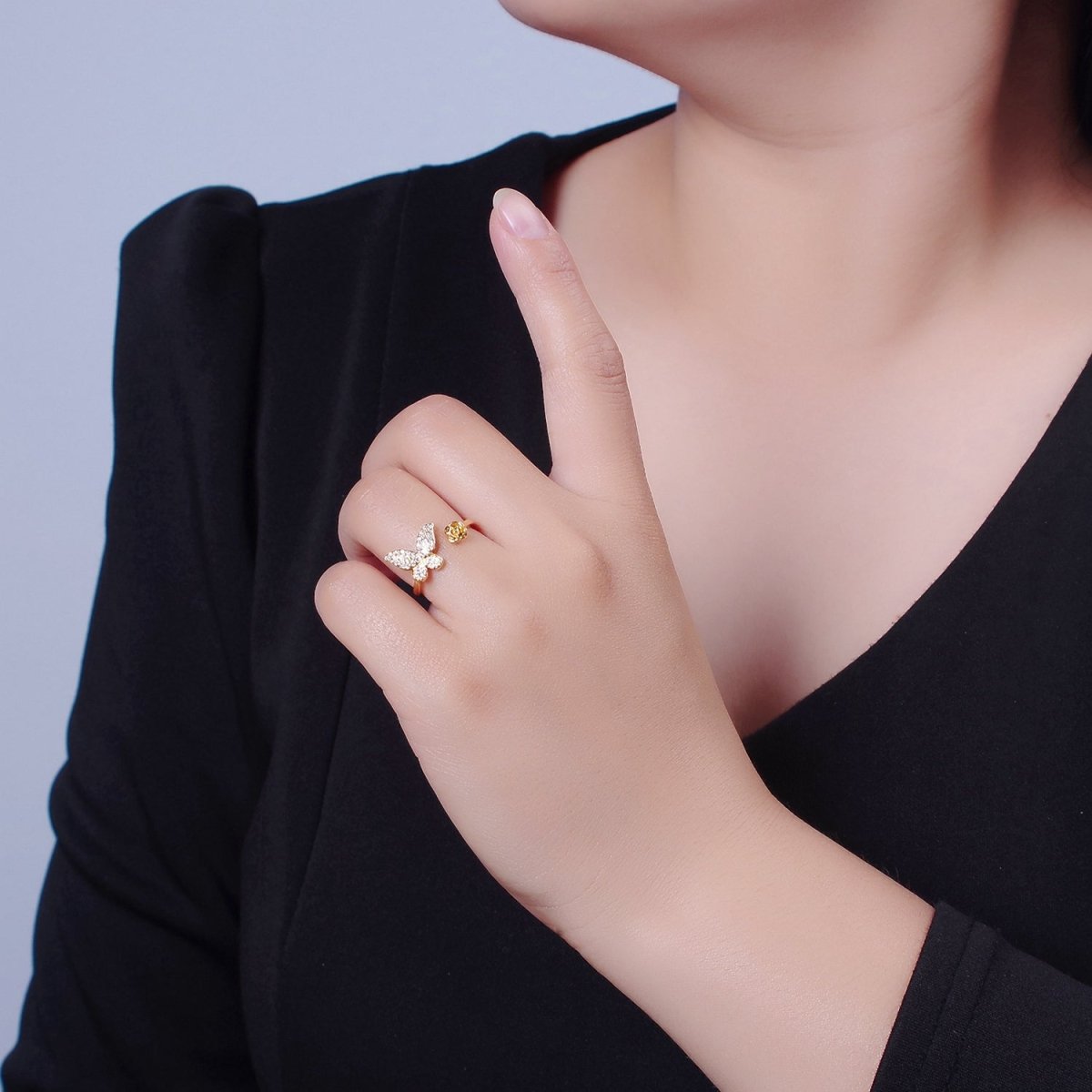 Dainty Butterfly Ring, Adjustable Gold Ring, Micro Pave CZ Mariposa Ring, Animal Lover Ring for Minimalist jewelry Everyday Wear O-2143 - DLUXCA