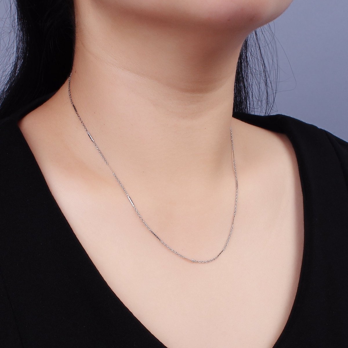 Dainty Cable Chain Necklace Stainless Steel 18 inch Flat Satellite Necklace in Silver | WA-2387 - DLUXCA