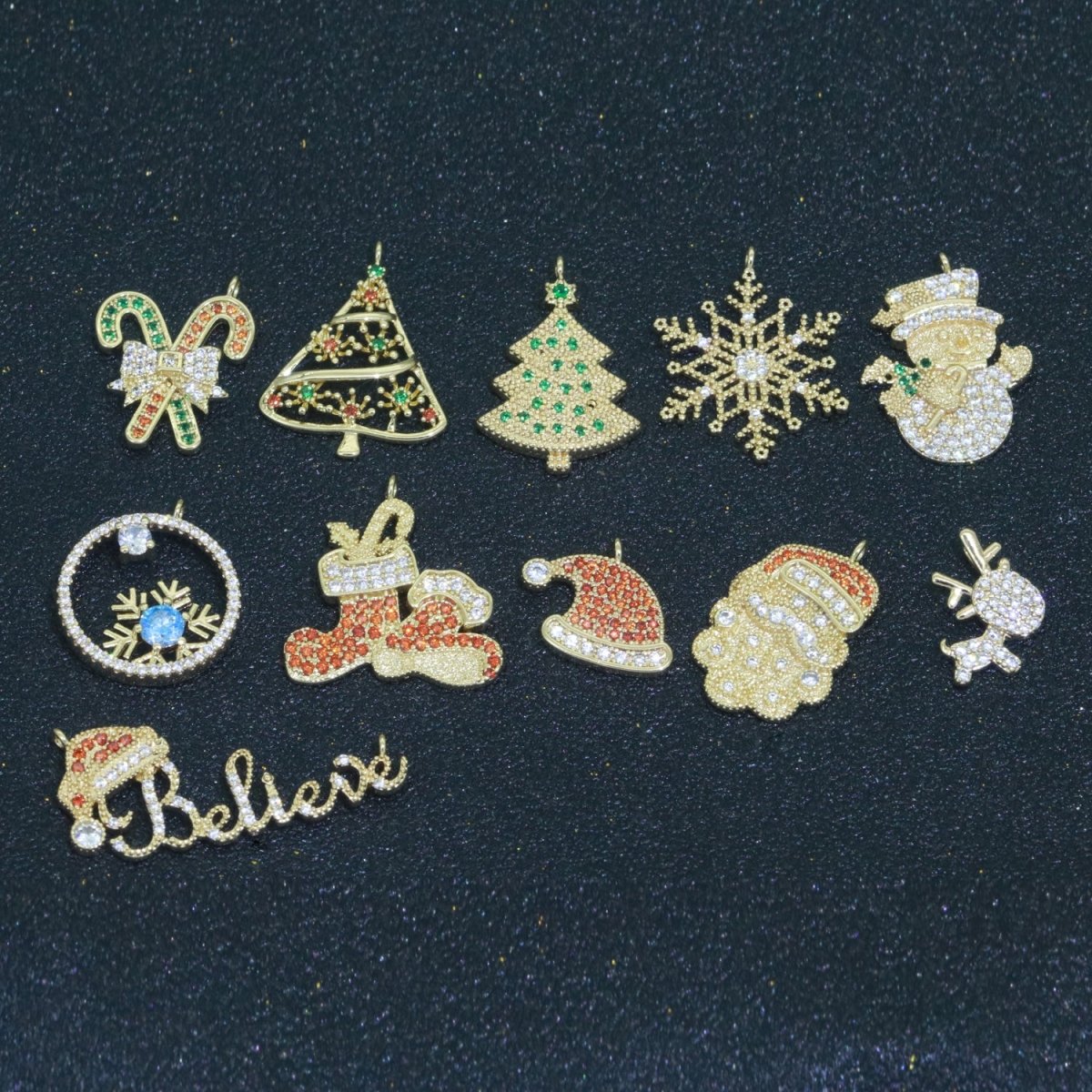 Dainty Christmas charms Micro Pave Holiday Collection Santa, Snow, Stocking, Snow man, Reindeer, Tree Pendant for DiY Jewelry Necklace Bracelet Earring Accessory F-902 F-903 M-594 - M-604