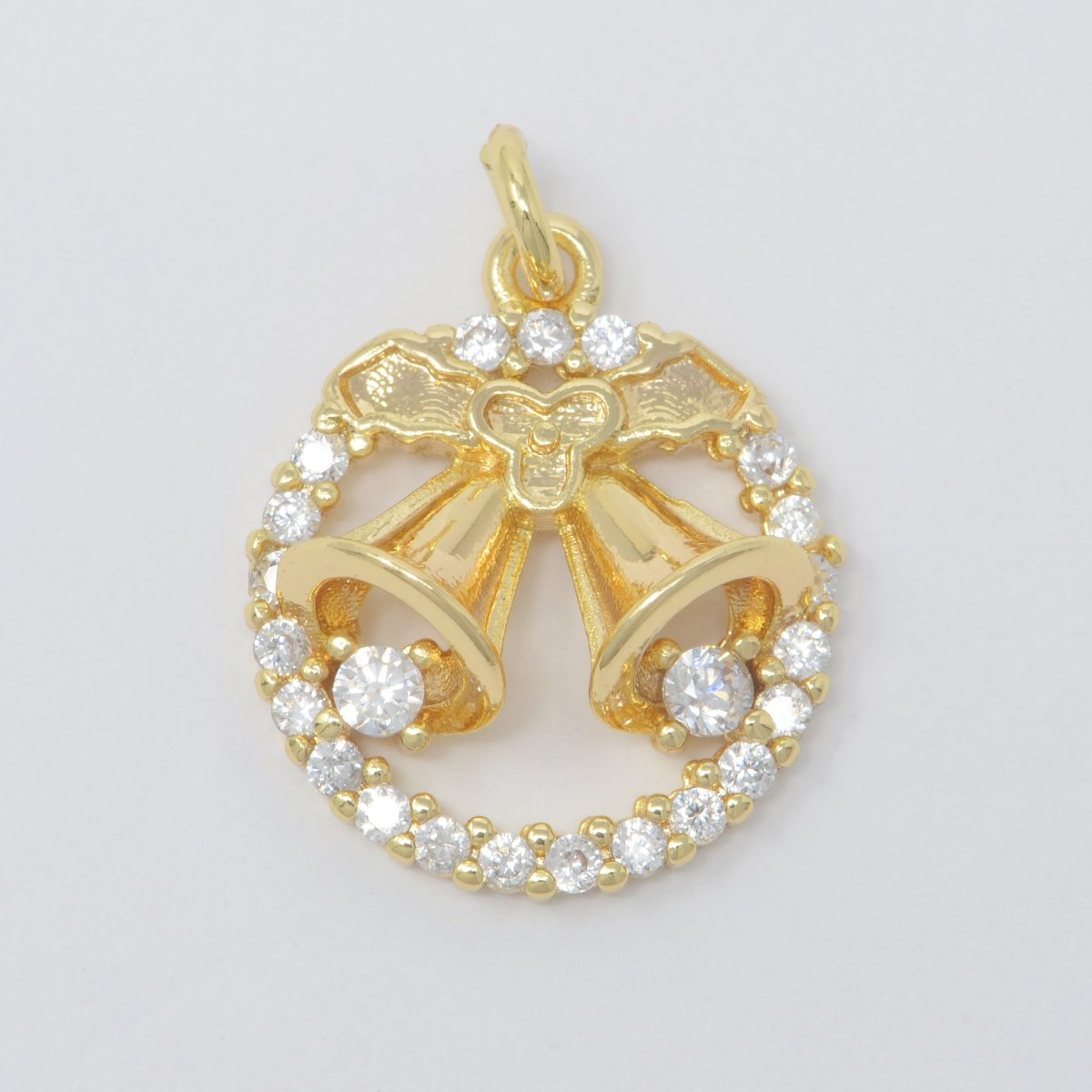 Dainty Christmas Jingle Bells 18K Gold Filled Round Coin Wreath add on Charm M-383