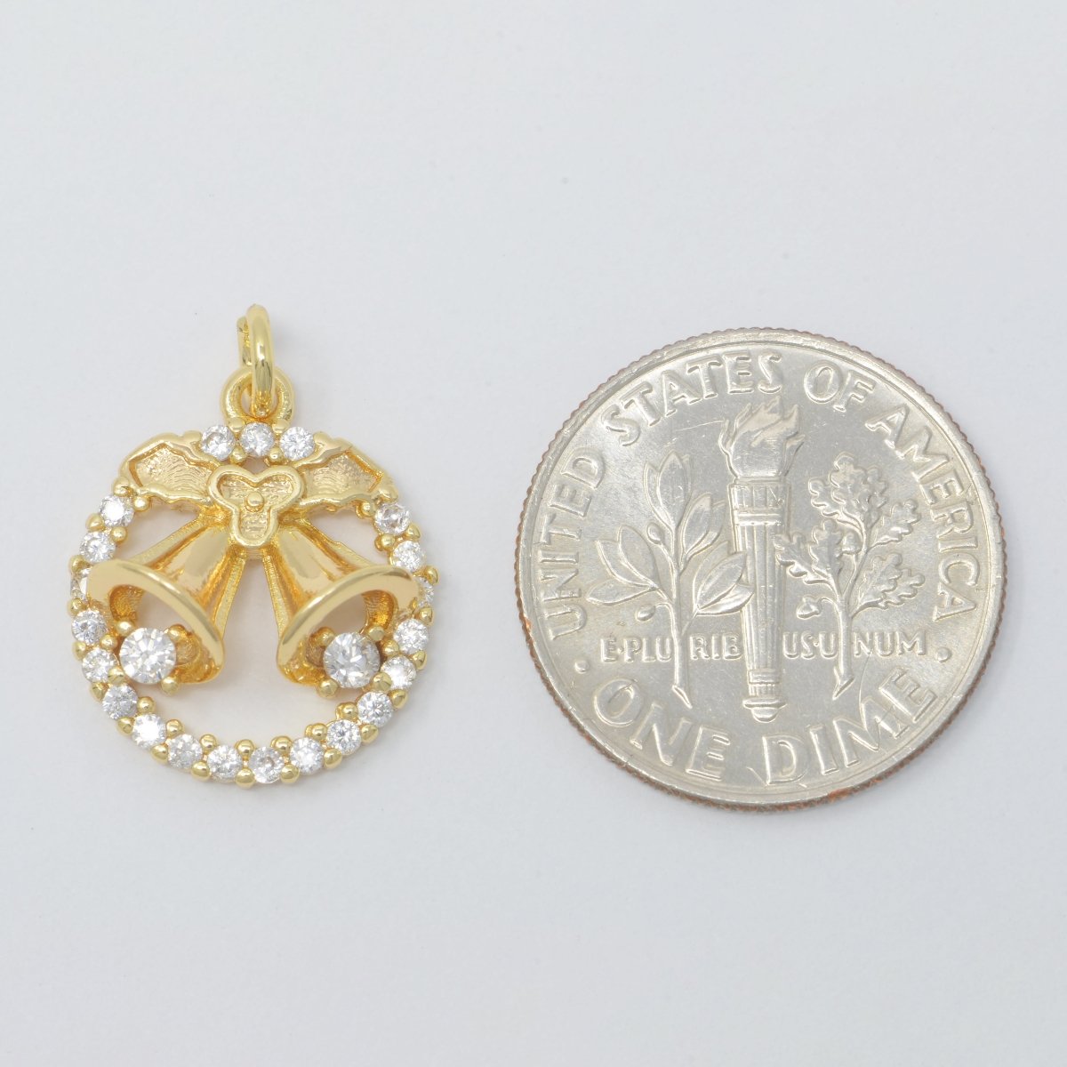 Dainty Christmas Jingle Bells 18K Gold Filled Round Coin Wreath add on Charm M-383