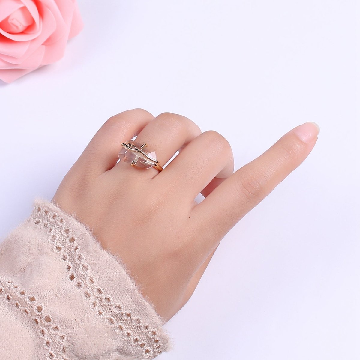 Dainty Clear Crystal Gold Ring Open Adjustable Wrapped Wire Design Ring U-016