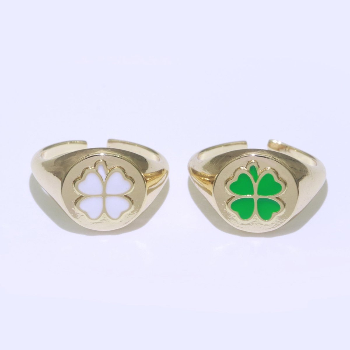 Dainty Clover Ring 18K Gold Filled Signet Ring Open Adjustable Ring Lucky Enamel Simple Stacking Jewelry O-439 O-440
