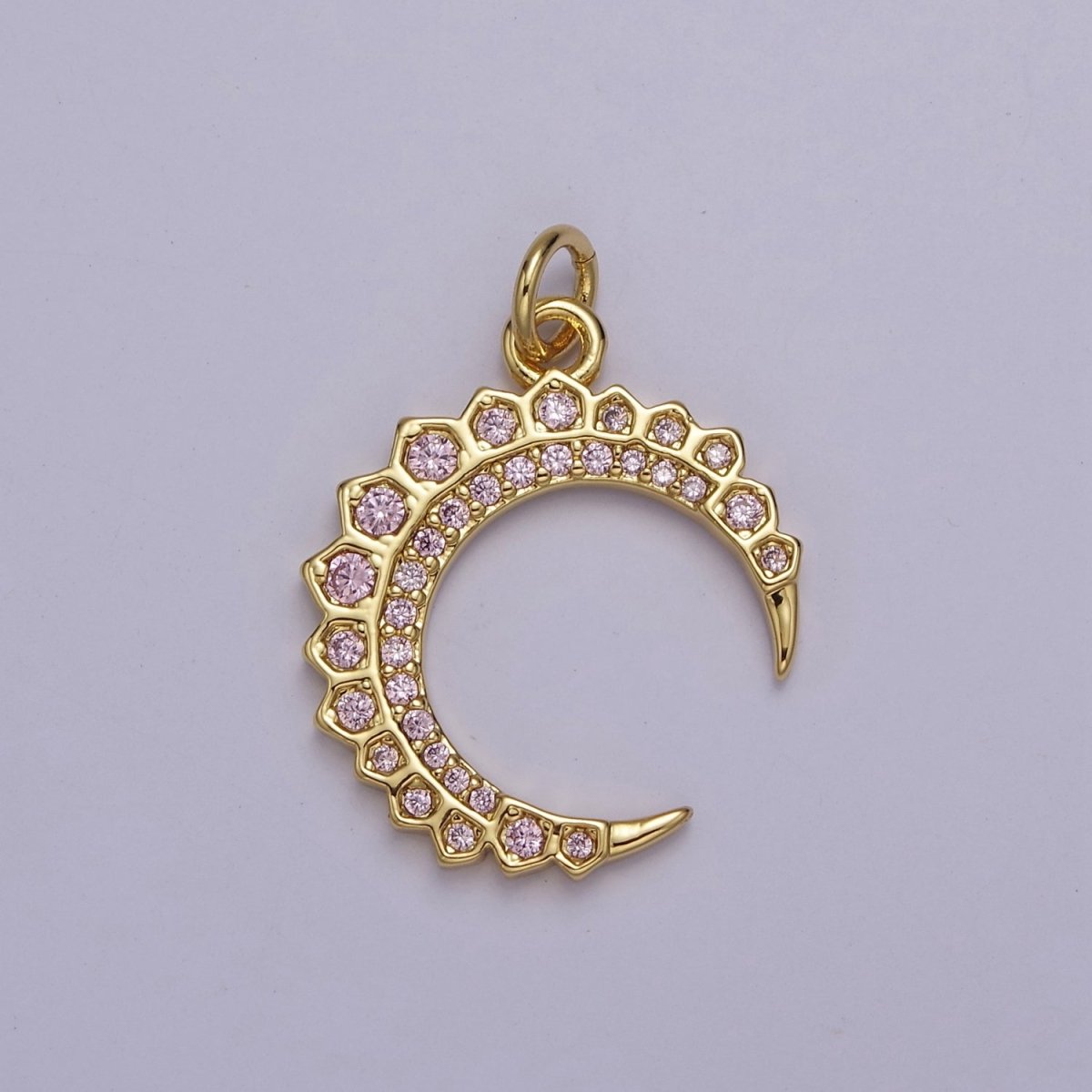 Dainty Crescent Moon Charm with Pink Cz Stone for Celestial Jewelry E-649 - DLUXCA