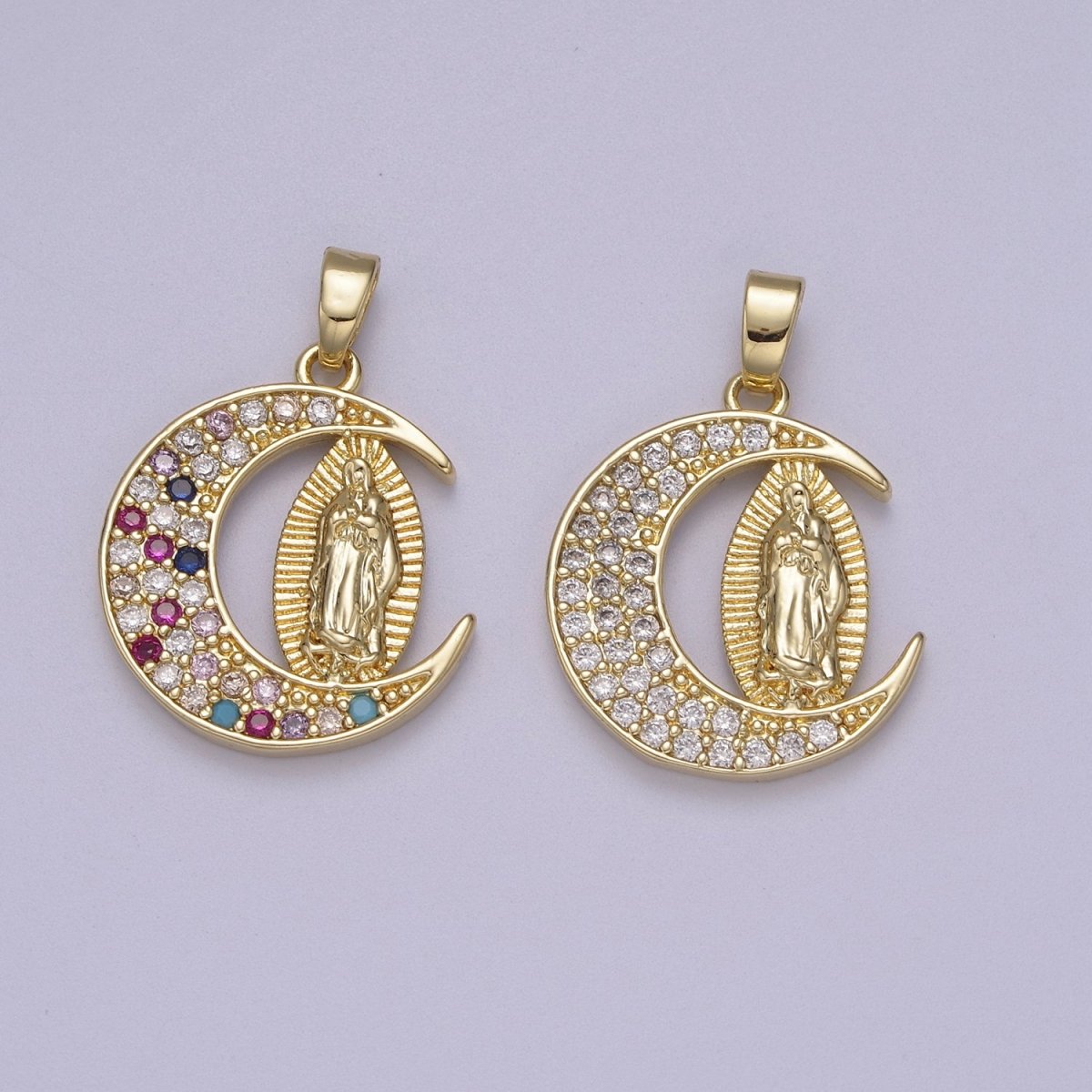 Dainty Crescent Moon Pendant with Lady Guadalupe Virgin Mary Charm N-588 N-589