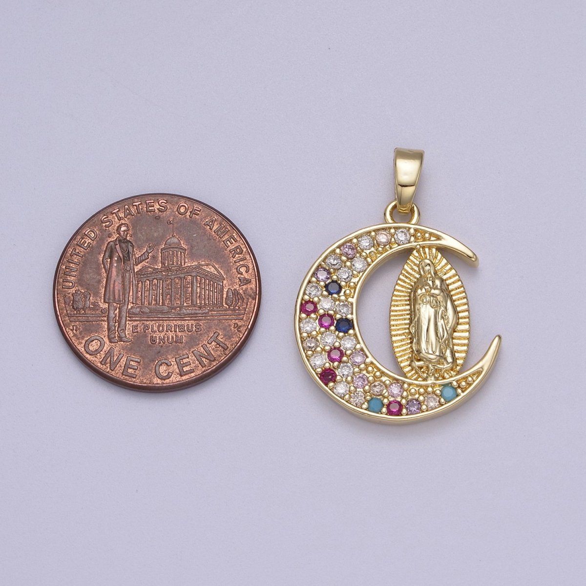 Dainty Crescent Moon Pendant with Lady Guadalupe Virgin Mary Charm N-588 N-589