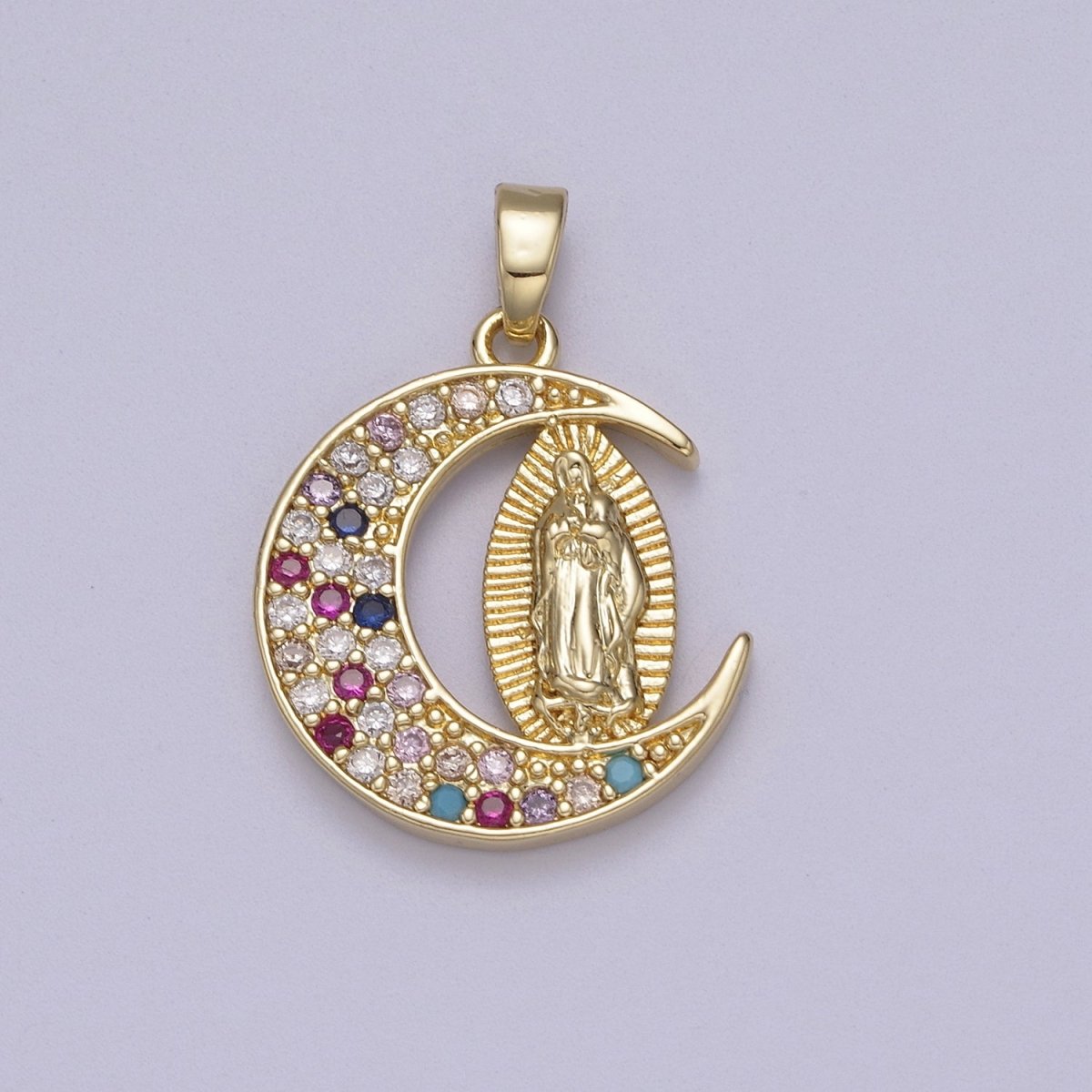 Dainty Crescent Moon Pendant with Lady Guadalupe Virgin Mary Charm N-588 N-589