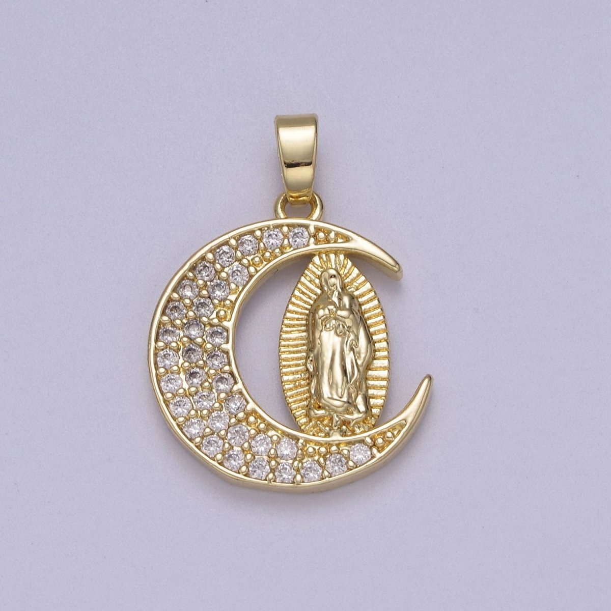 Dainty Crescent Moon Pendant with Lady Guadalupe Virgin Mary Charm N-588 N-589