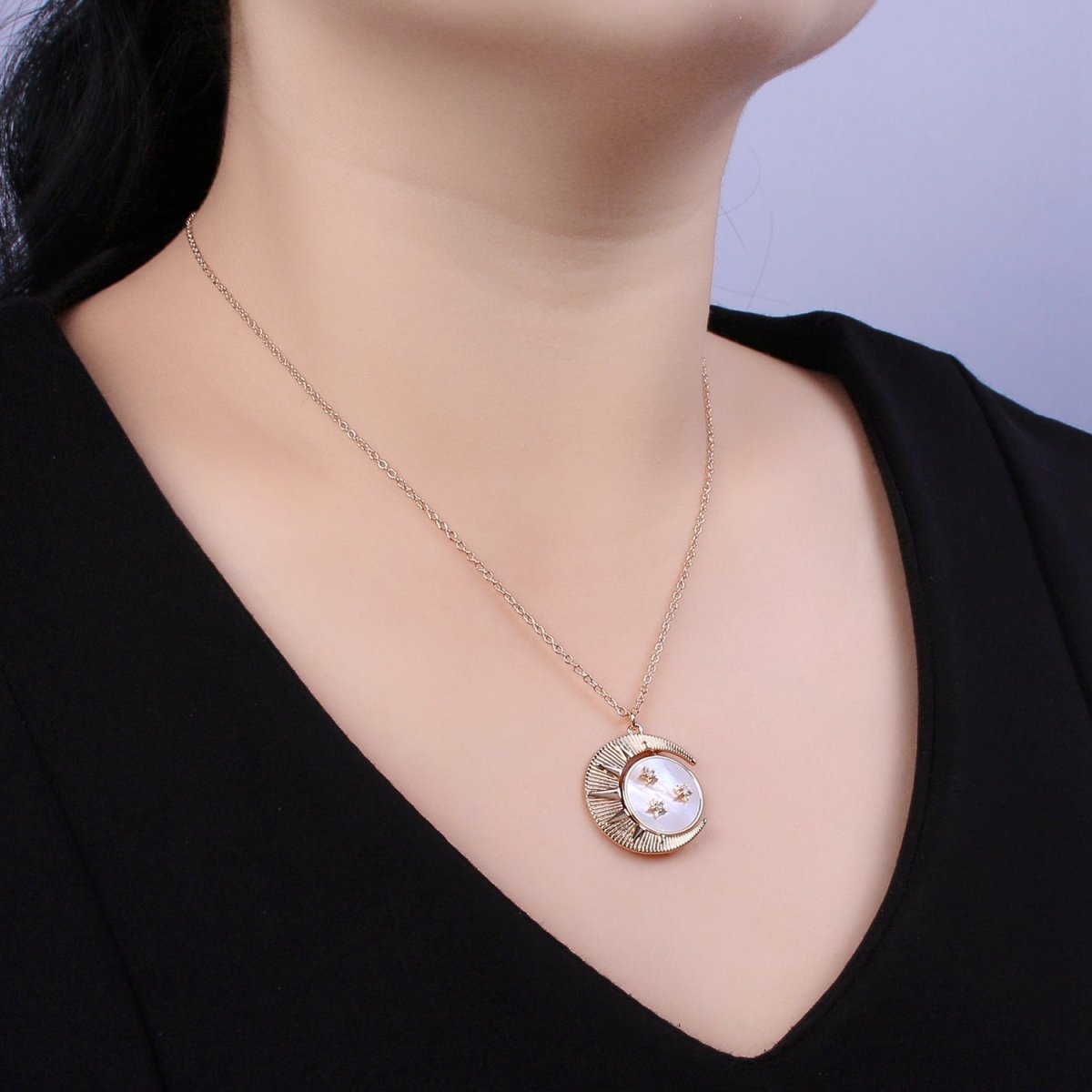 Dainty Crescent Moon Round Charm Celestial Mother of Pearl Necklace Pendant Minimalist Jewelry WA599