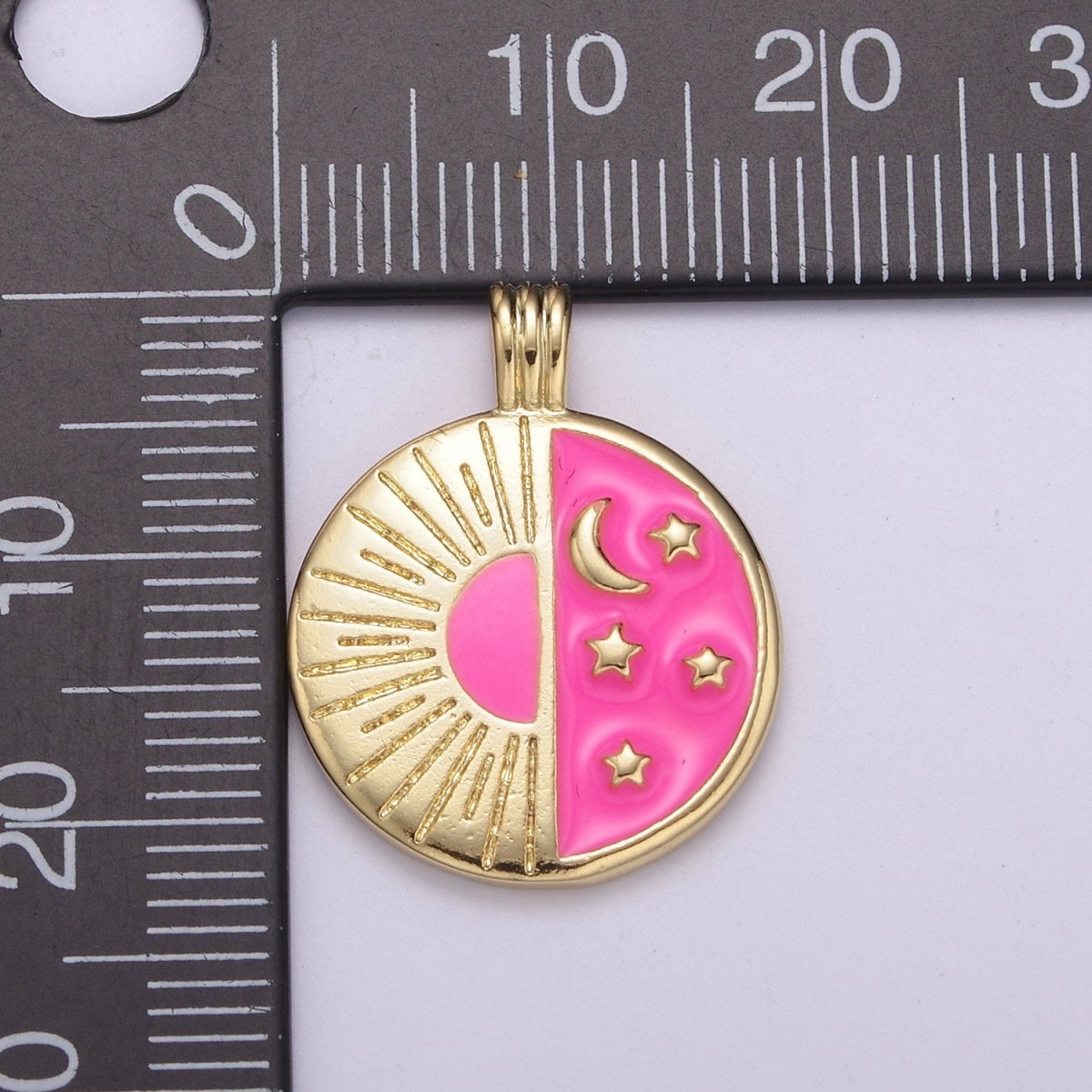 OS Dainty Cresent Moon On Round Coin Charm Pink Enamel Morning Night Celestial Pendant H-042