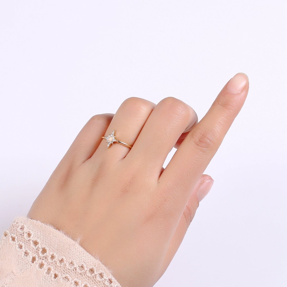 Dainty Crystal Compass Gold Filled Adjustable Ring R-248 - DLUXCA