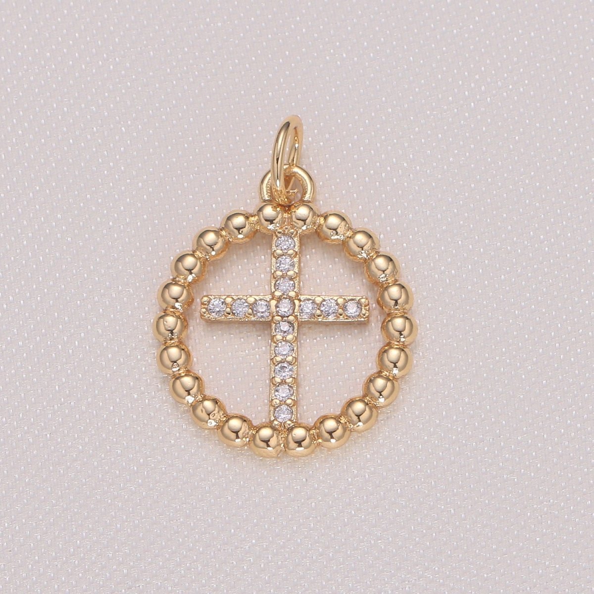 Dainty Crystal Cross in Gold Circle Rosary Charm CZ Golden Holy Cross Prayer Rosary Charm Pendant GP-928