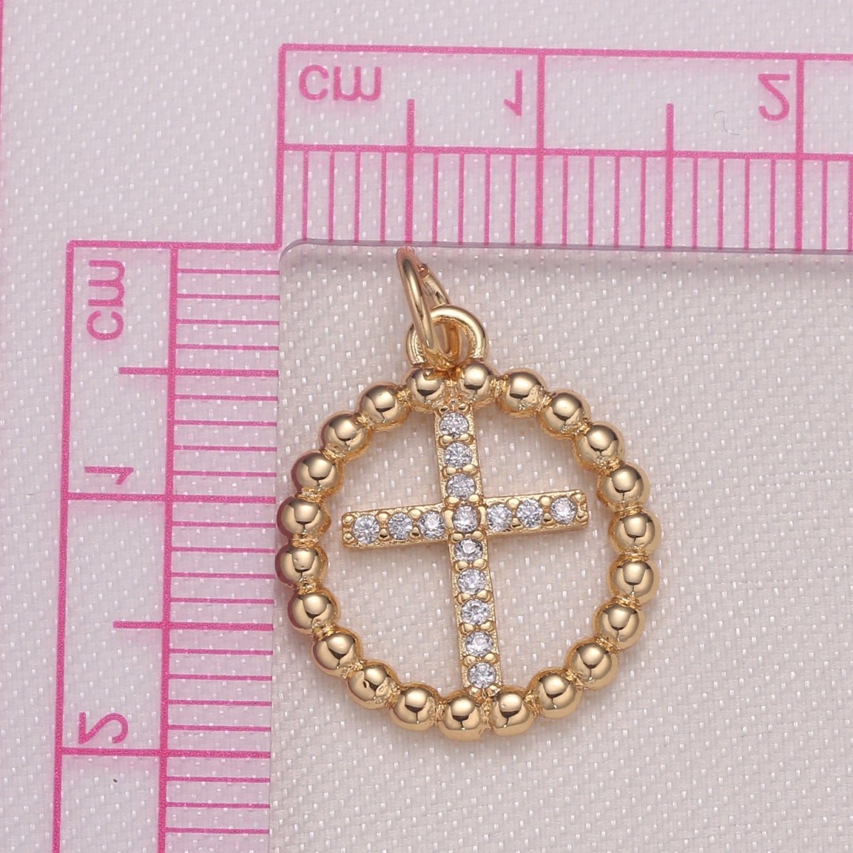 Dainty Crystal Cross in Gold Circle Rosary Charm CZ Golden Holy Cross Prayer Rosary Charm Pendant GP-928