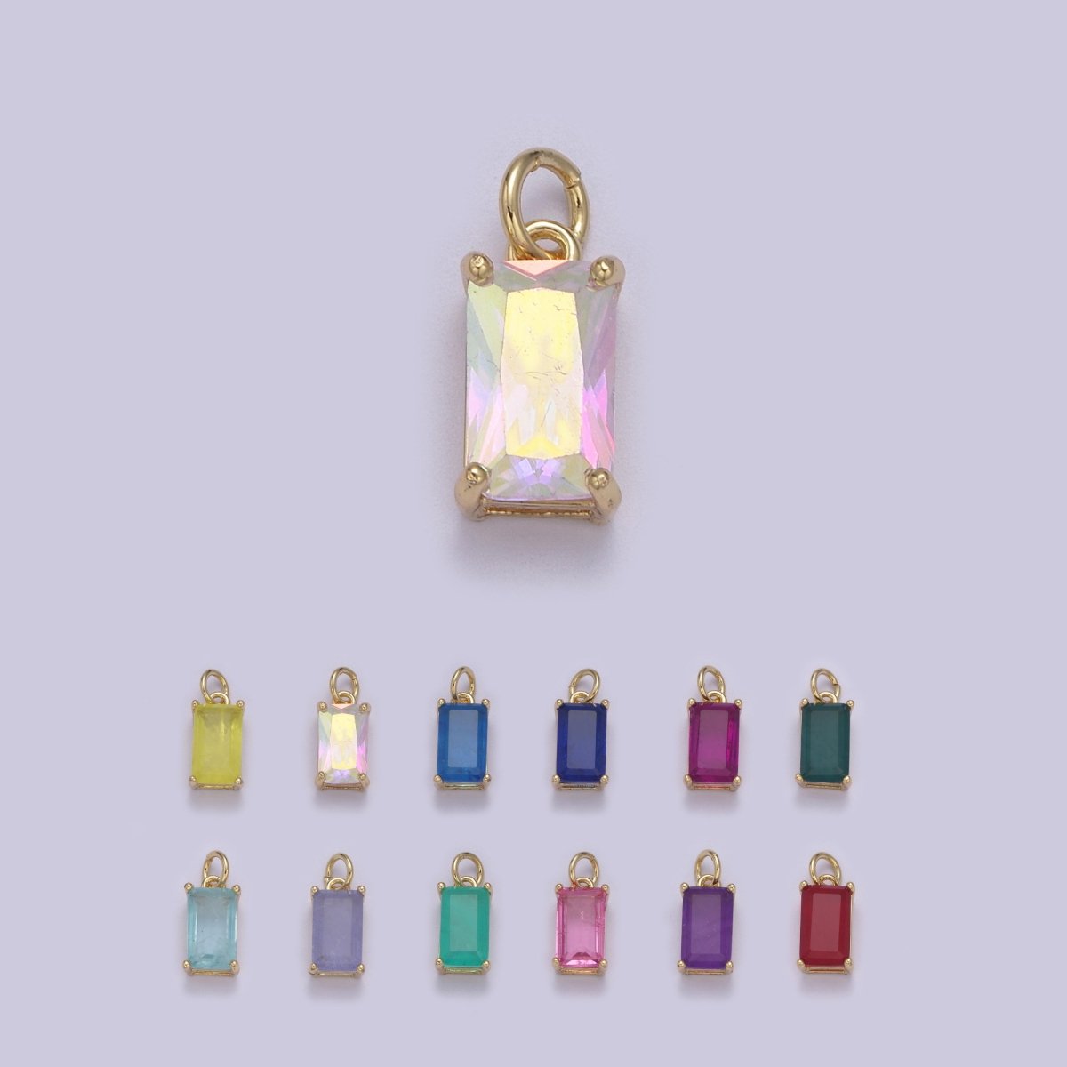 Dainty Cubic AB, Yellow, Blue, Teal, Green, Pink, Red 24k Gold Filled Solitaire Micro Pave Pendant Rectangle Emerald Diamond Cut Square Cz Stone Pendant for Birthstone Add on Charm C-707,C-712,C-713,C-716,C-743,C-773~C-779