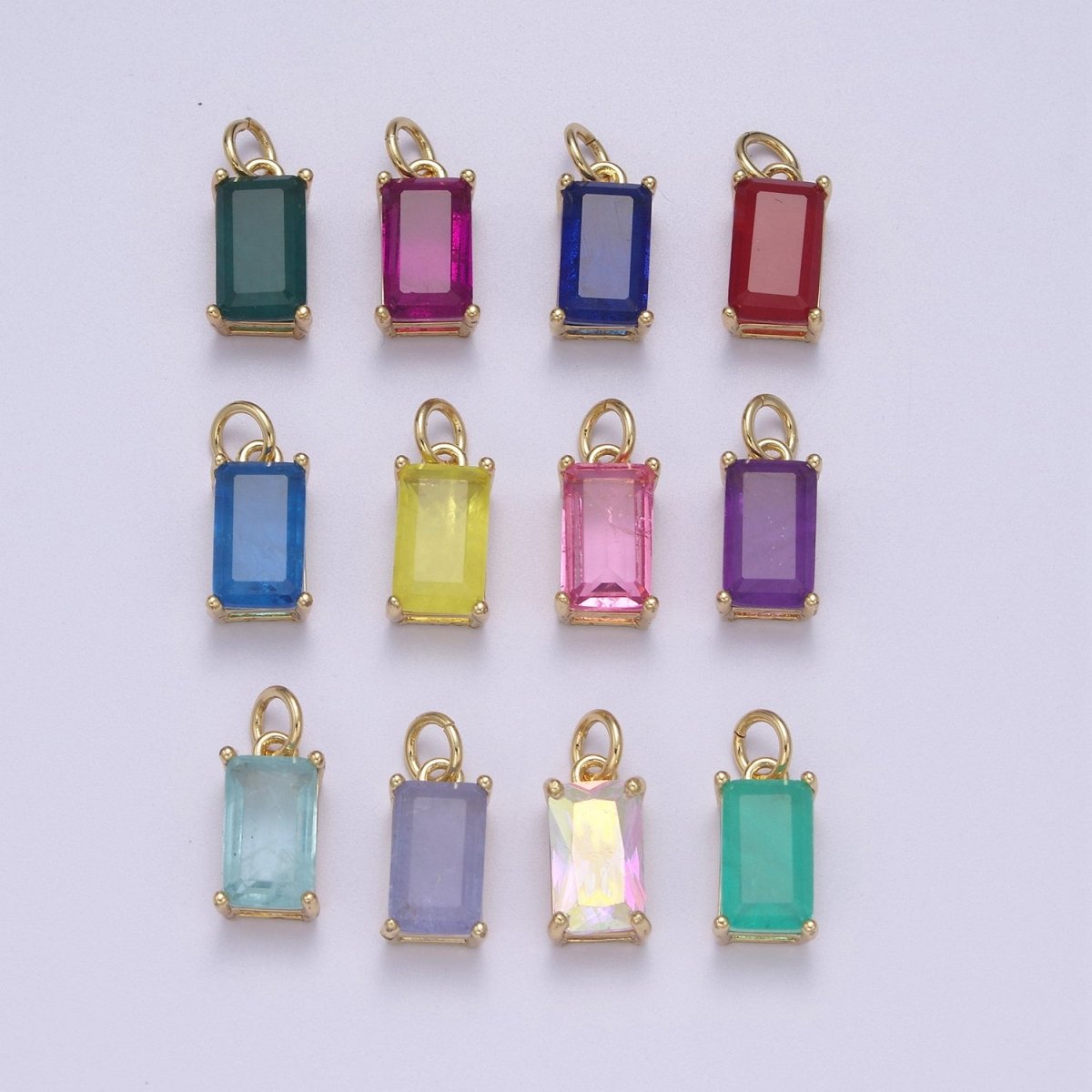 Dainty Cubic AB, Yellow, Blue, Teal, Green, Pink, Red 24k Gold Filled Solitaire Micro Pave Pendant Rectangle Emerald Diamond Cut Square Cz Stone Pendant for Birthstone Add on Charm C-707,C-712,C-713,C-716,C-743,C-773~C-779