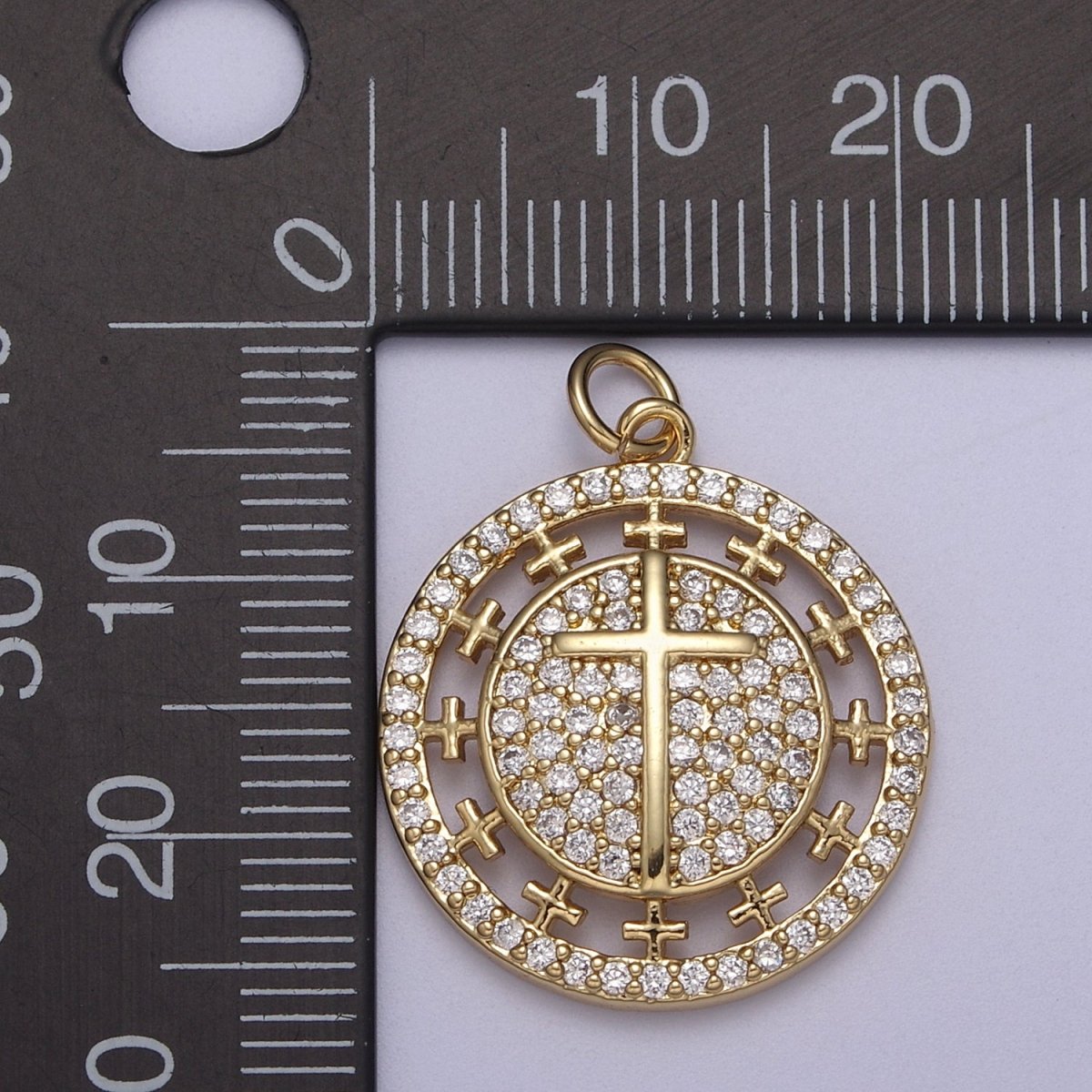 Dainty Cubic Cross Round Coin Medallion Pendant in Gold Catholic Charms Religious Jewelry N-338 - DLUXCA