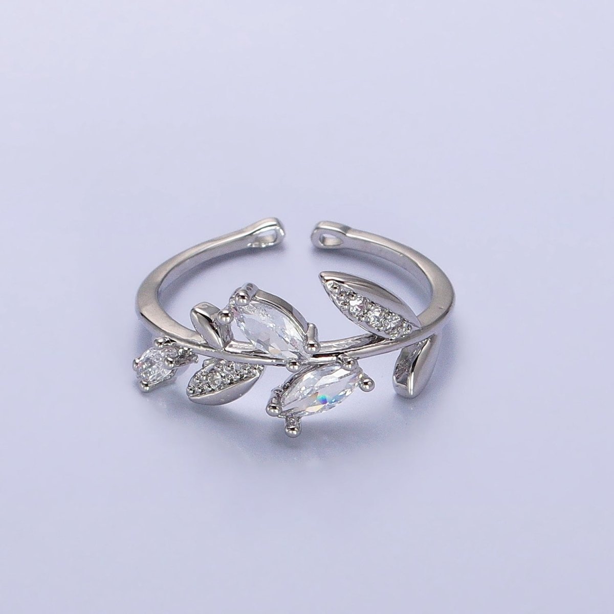 Dainty Cubic Zirconia Olive Leaf Adjustable Ring Silver Ring CZ Wrap around Ring, Minimalist Jewelry S-021 S-024