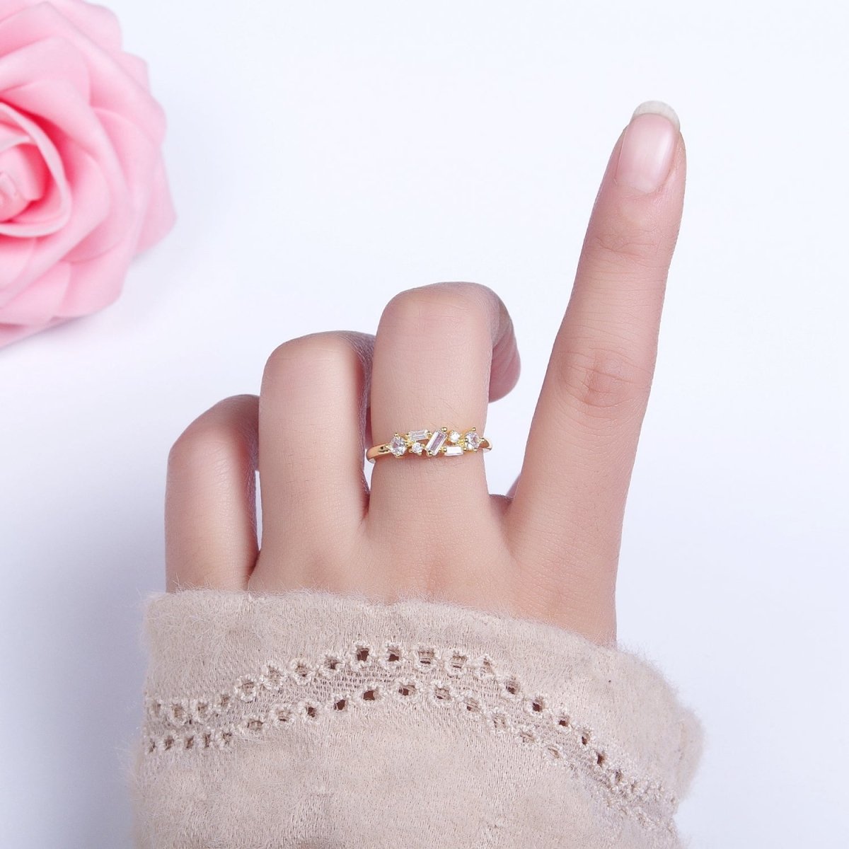 Dainty CZ Baguette Cluster Ring Daily Minimalist Jewelry Open Adjustable Ring O-1942~O-1949