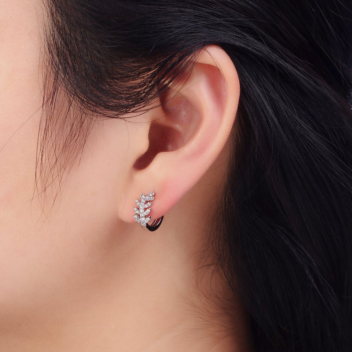 Dainty CZ Leaf Hoop Earrings, Olive Leaf Huggies Silver Earring AB1055 - DLUXCA