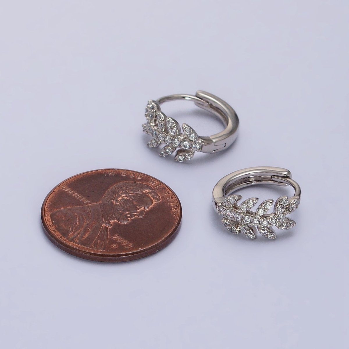 Dainty CZ Leaf Hoop Earrings, Olive Leaf Huggies Silver Earring AB1055 - DLUXCA