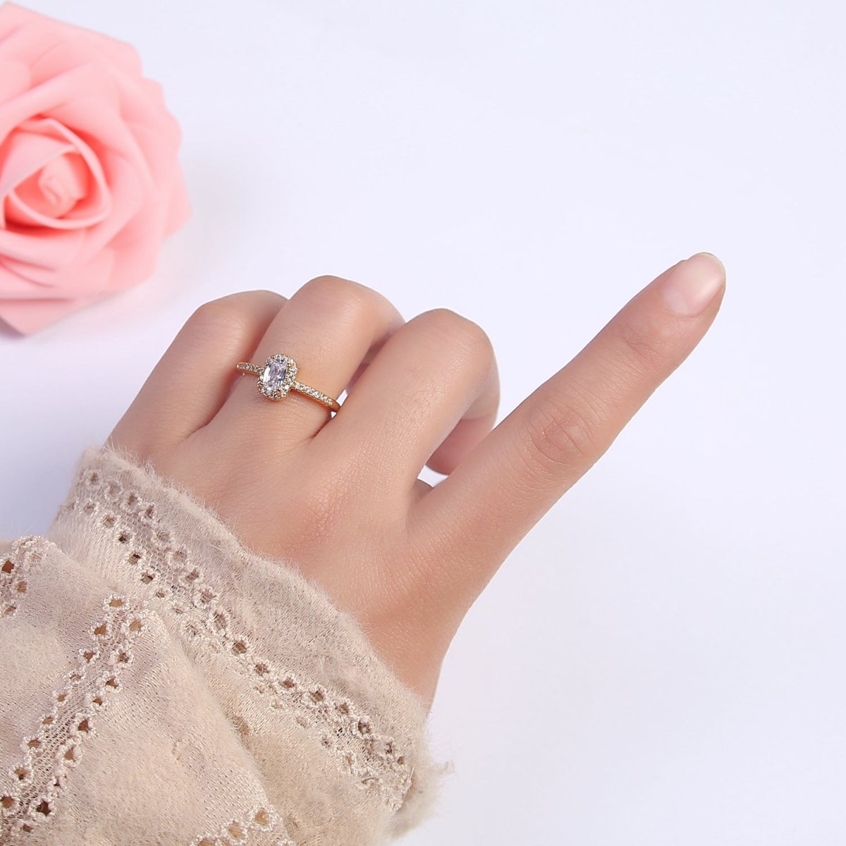 Dainty CZ Rectangle Ring Gold Ring Zircon Jewelry Rectangle Promise Ring Adjustable Ring Minimalist Jewelry U-499 - DLUXCA